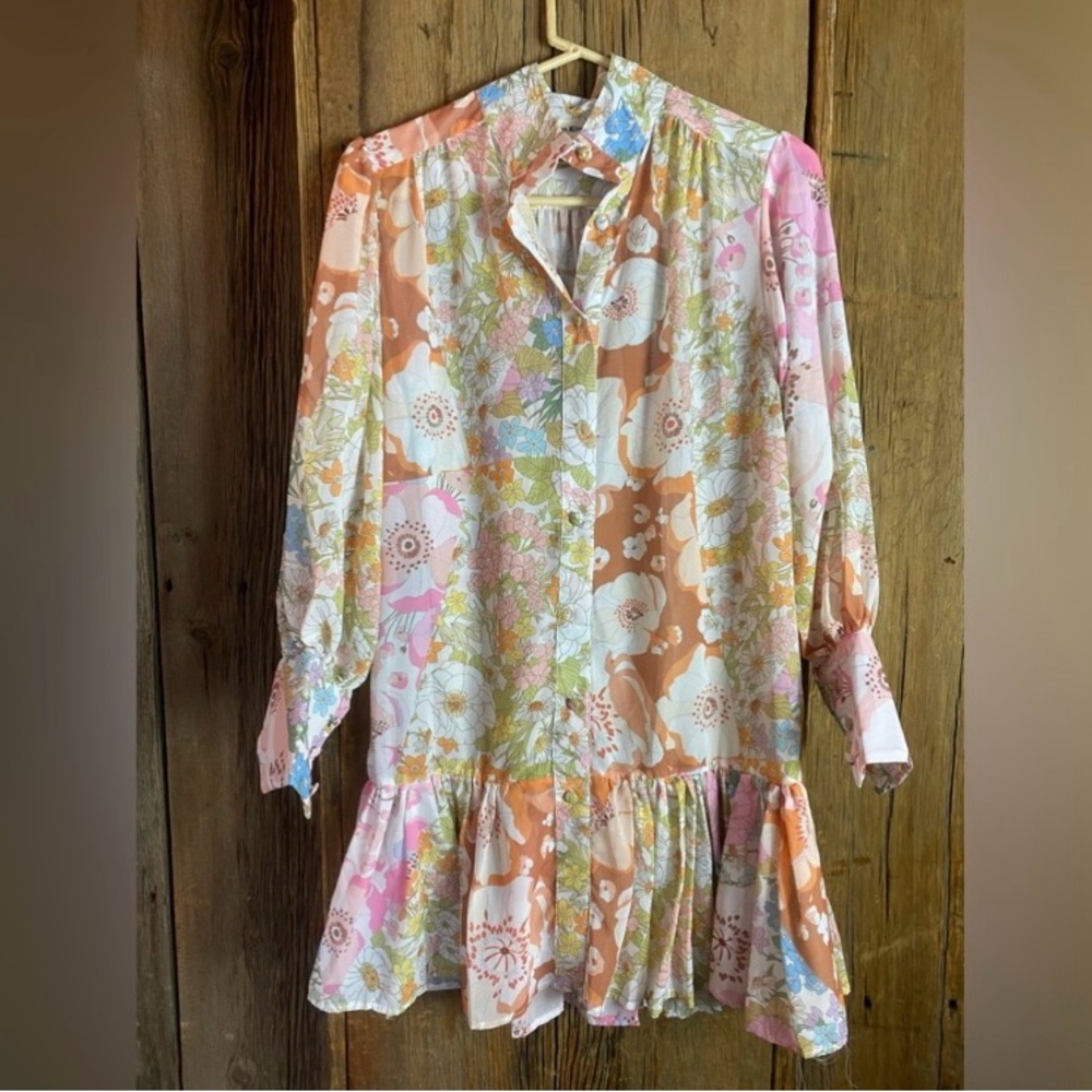 Pink Ripple Floral Long Sleeve Ruffle Hem Dress, comes with sash at the waist. S